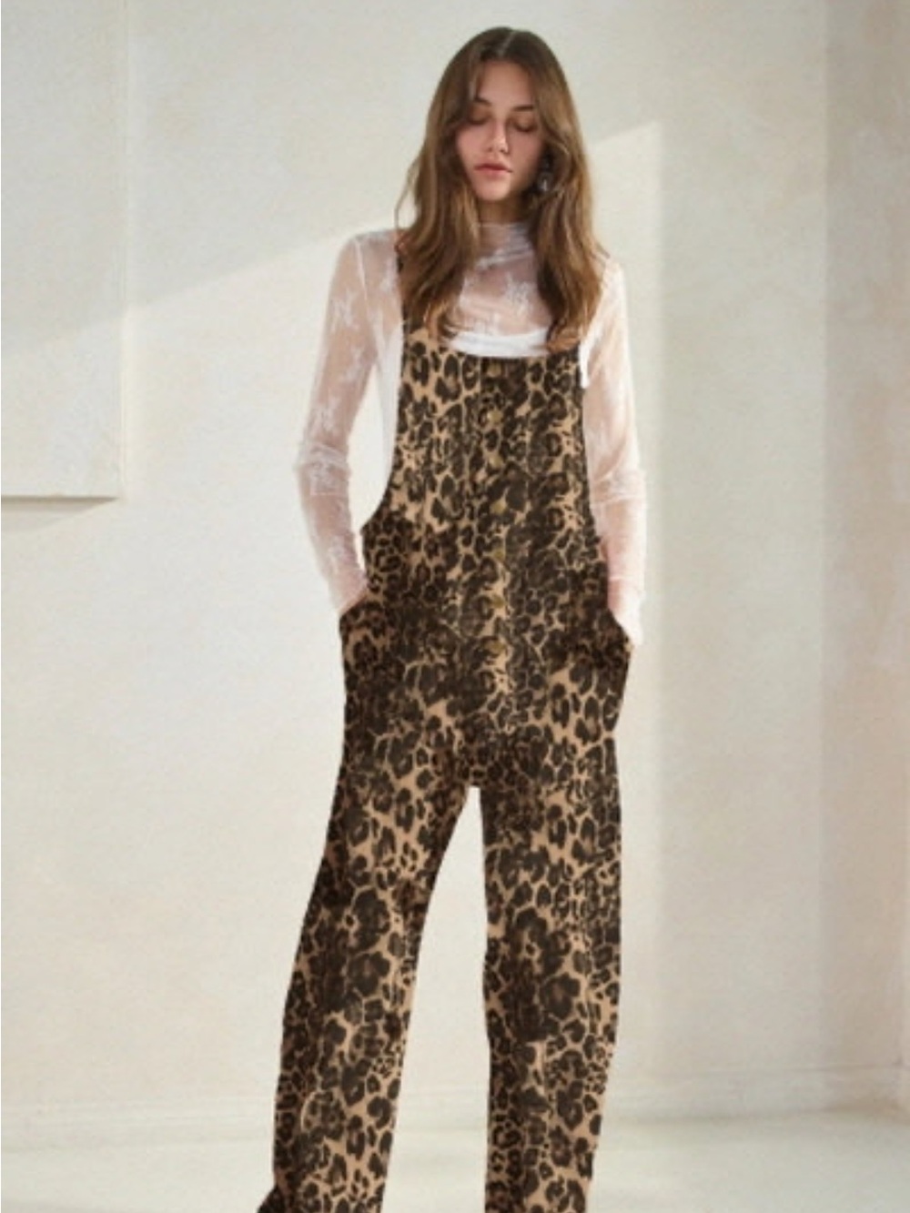 Leopard Print Women's Jeans Overalls - Brown